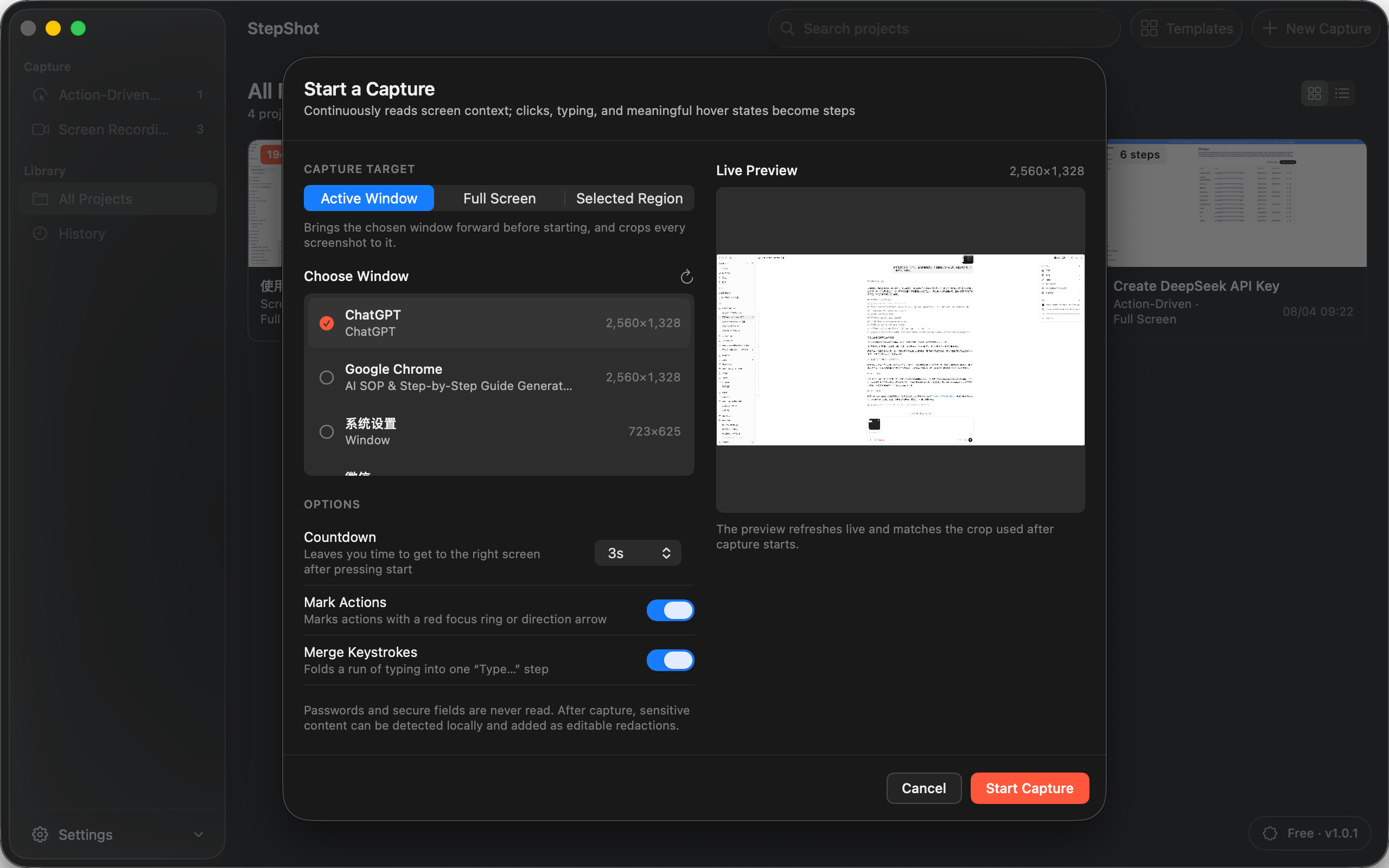 StepShot active-window capture setup with live preview