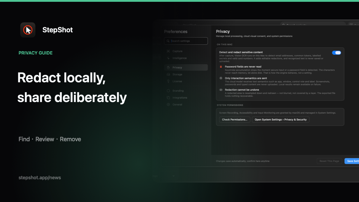 Local redaction checklist for workflow screenshots