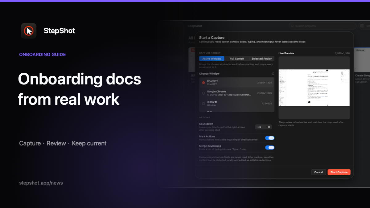 StepShot onboarding documentation cover showing a workflow guide