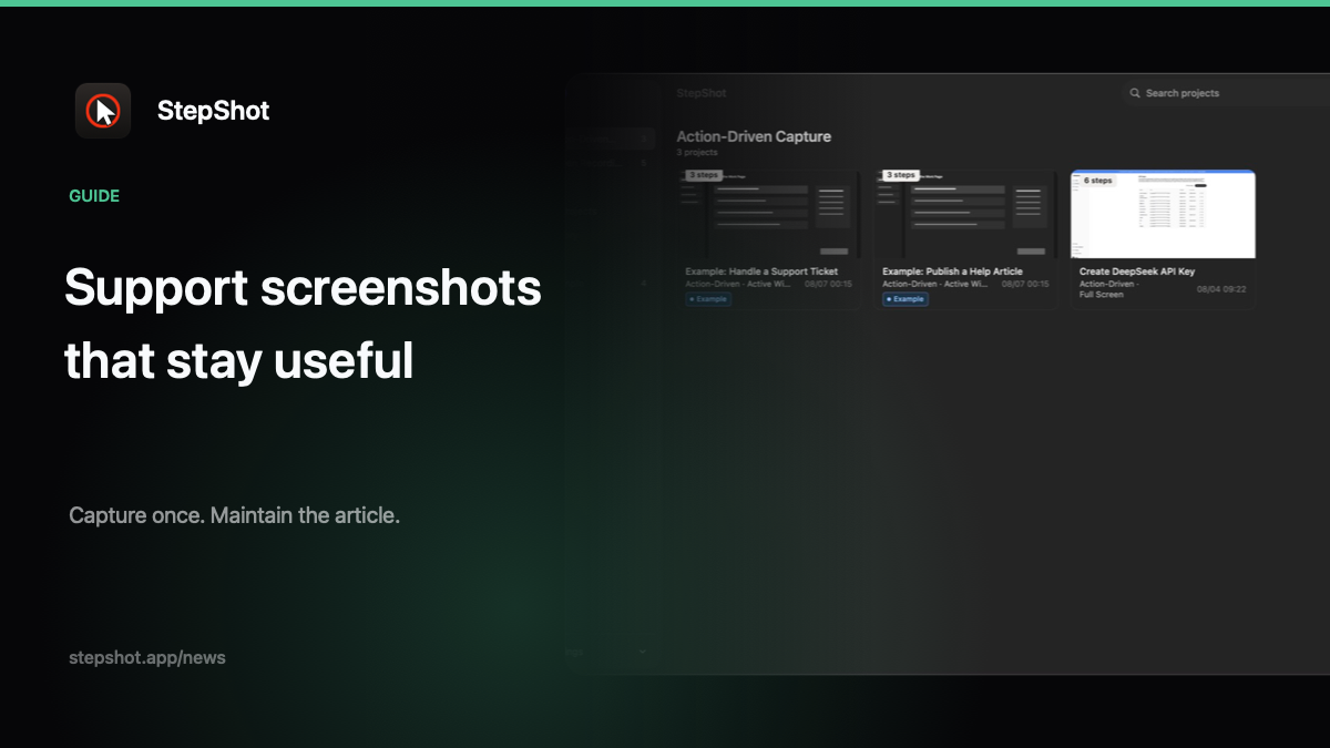 Support screenshots organized into reusable knowledge base articles